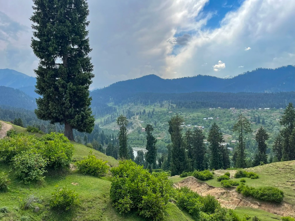 Panoramic view of Doodhpathri meadow from above, showing rolling green hills, surrounding mountains, and conifer forests under a clear blue sky.