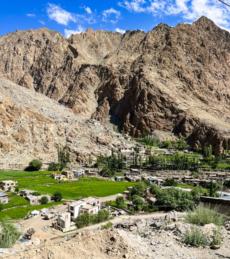 Hanu Yogma village with green fields and houses below rocky mountains Aryan Valley Ladakh