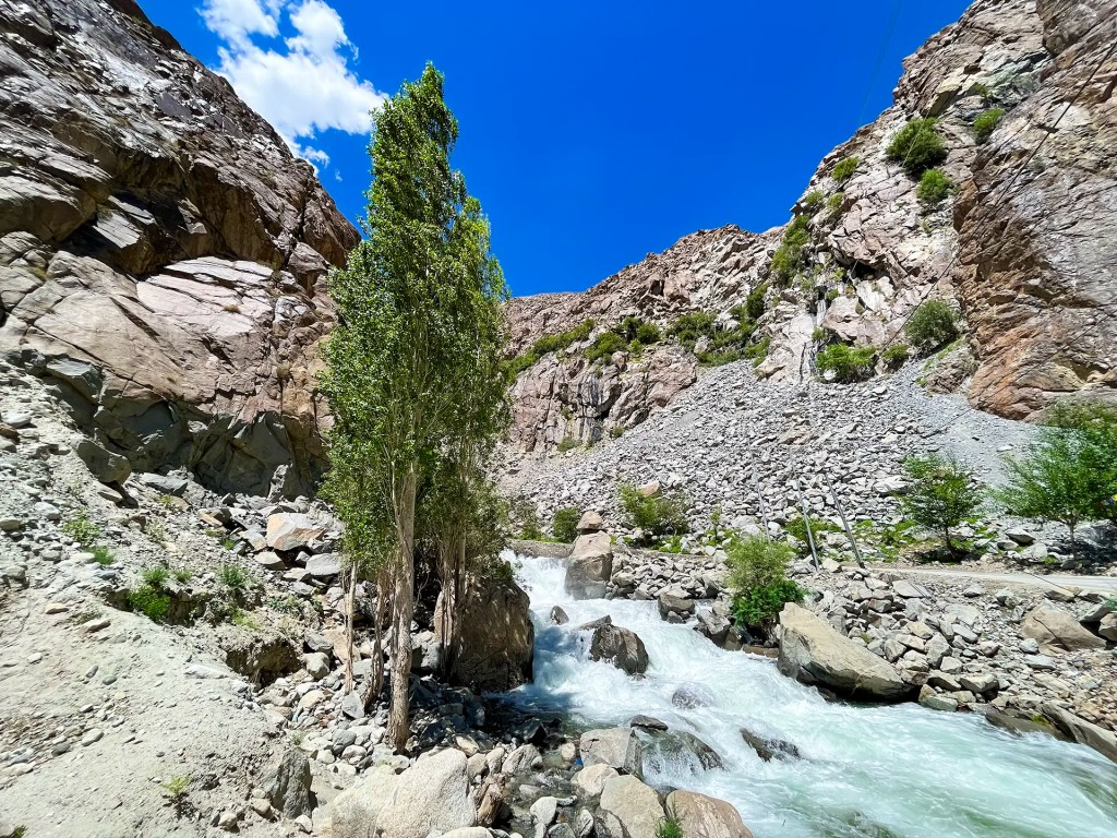 Mountain stream flowing through rocky landscape outside Dah village Aryan Valley Ladakh